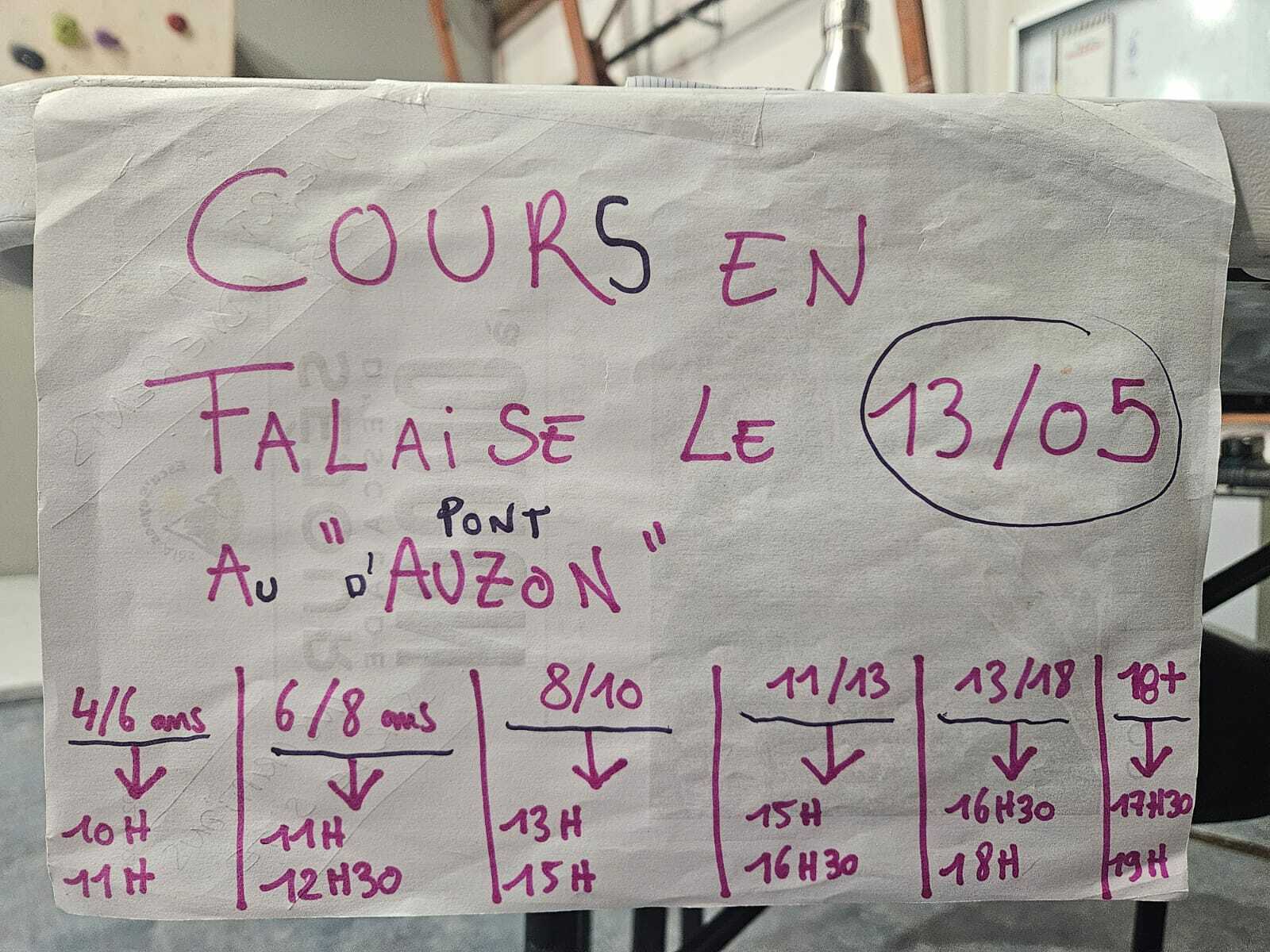 Les cours du mercredi 13 mai se dérouleront en falaise